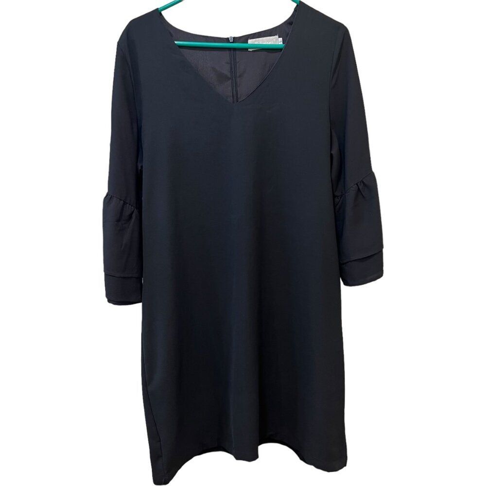 Belongsci Black Shift Dress‎ Women Large V-Neck Bell Sleeves Minimalist Office